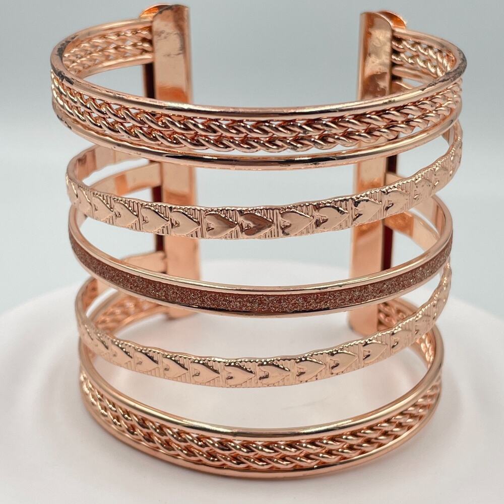 Vintage Y2K Rose Gold Tone Textured Multi Band Statement Cuff Bracelet Heart
